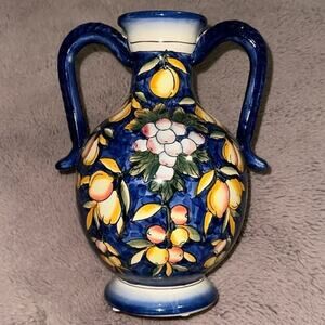 Tuscan Style Handpainted Ceramic Vase Pitcher Urn Vessel Leaves Fruit